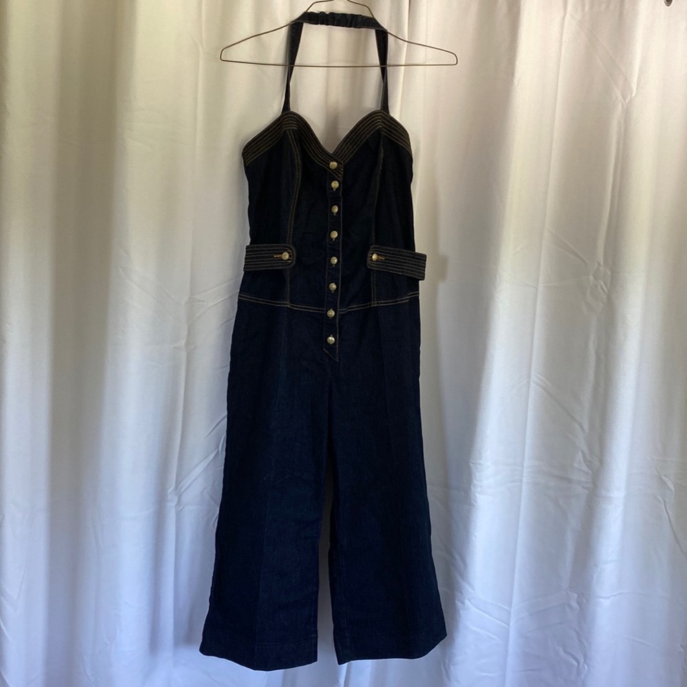 Bisou Bisou denim halter wide leg capri jumpsuit. Size L